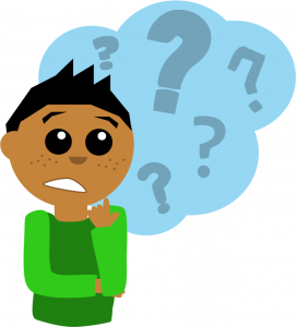 Clip art of a person thinking with a thought bubble filled with question marks.