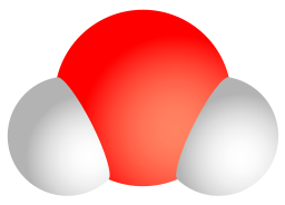 Image shows a model of a water molecule. A large central oxygen atom is connected to two adjacent, smaller white hydrogen atoms.