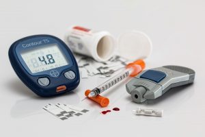 Image shows equipment related to treatment of diabetes. Blood sugar monitor, insulin, hypodermic needle, and a prescription bottle.