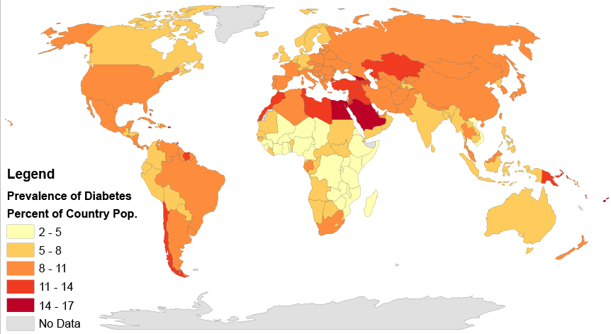Diagram shows a map of places in the world where diabetes is most prevalent. Northern Africa and the Middle East have high prevalence and South East Africa has low prevalence.