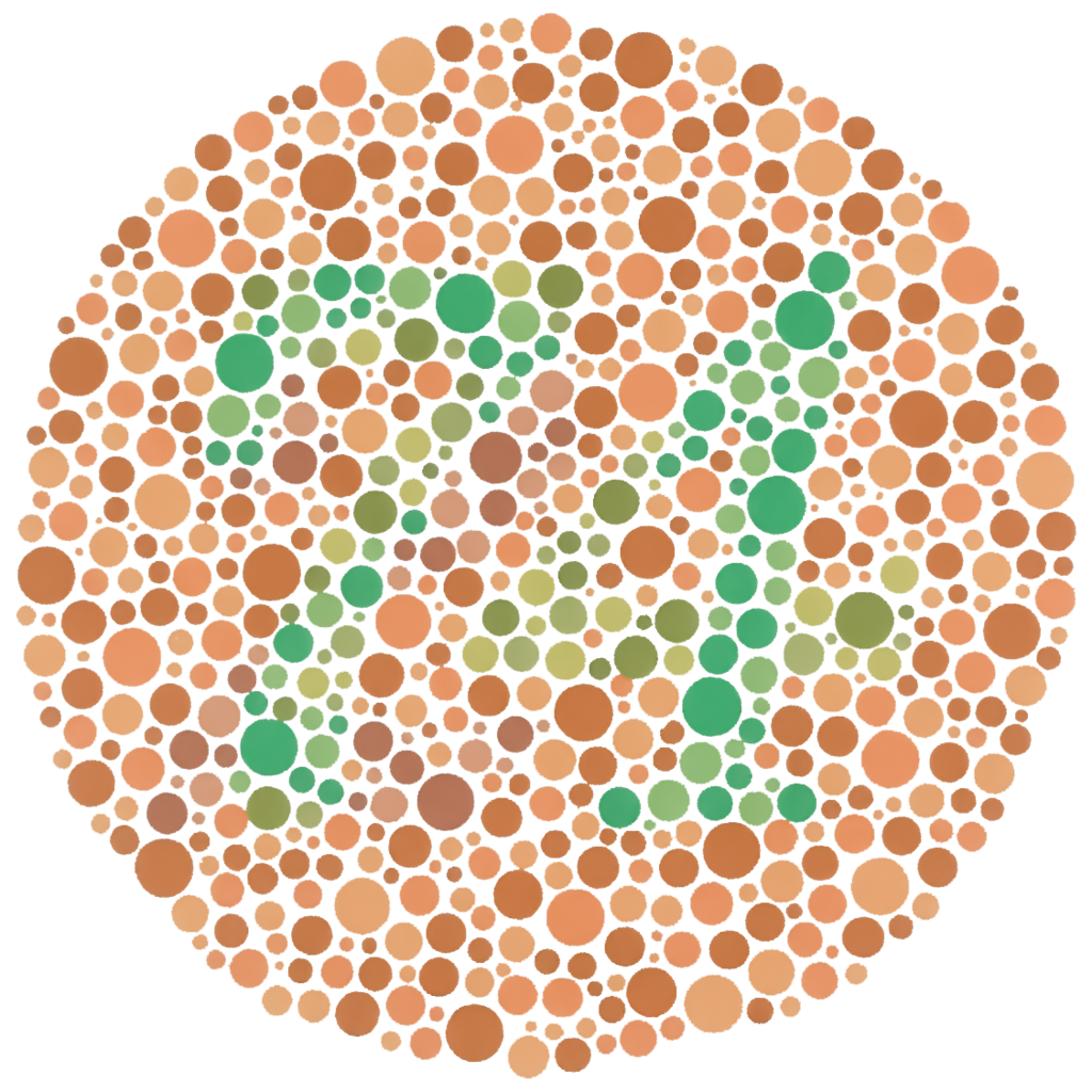 Shows a Ishihara plate for detecting red-green colour blindness.