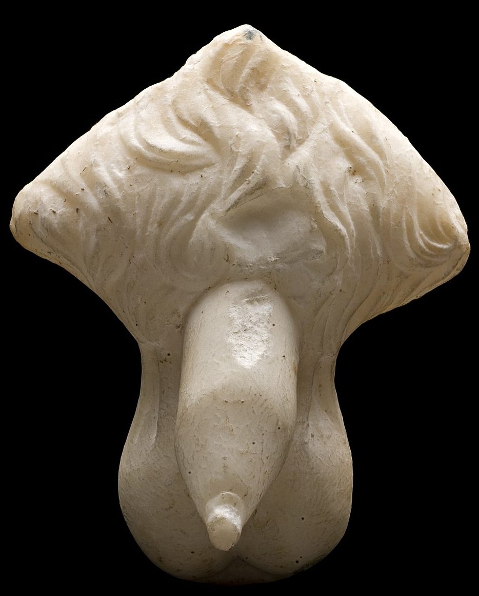 A marble carving of the external male genitalia.